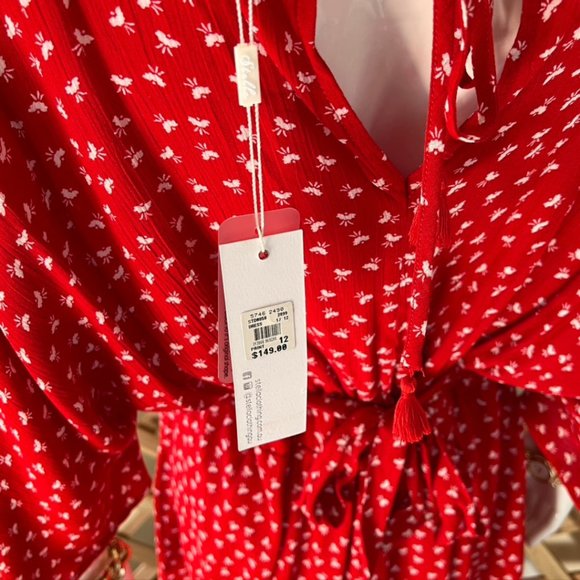 Stella Dress 12AU Red White Wrap Tie Waist leaves patterns V-Neck 3/4 Sleeves - Picture 9 of 10